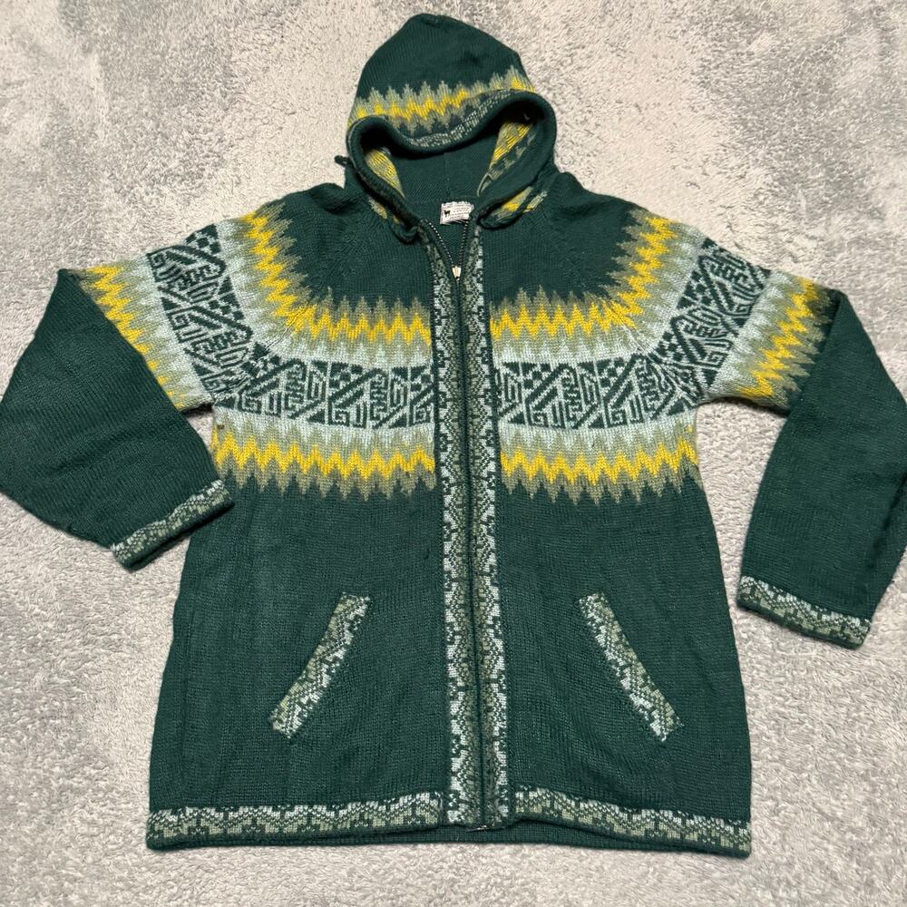 Alpaca Connection Sweater Womens Medium Hooded Wool Blend Green Aztec